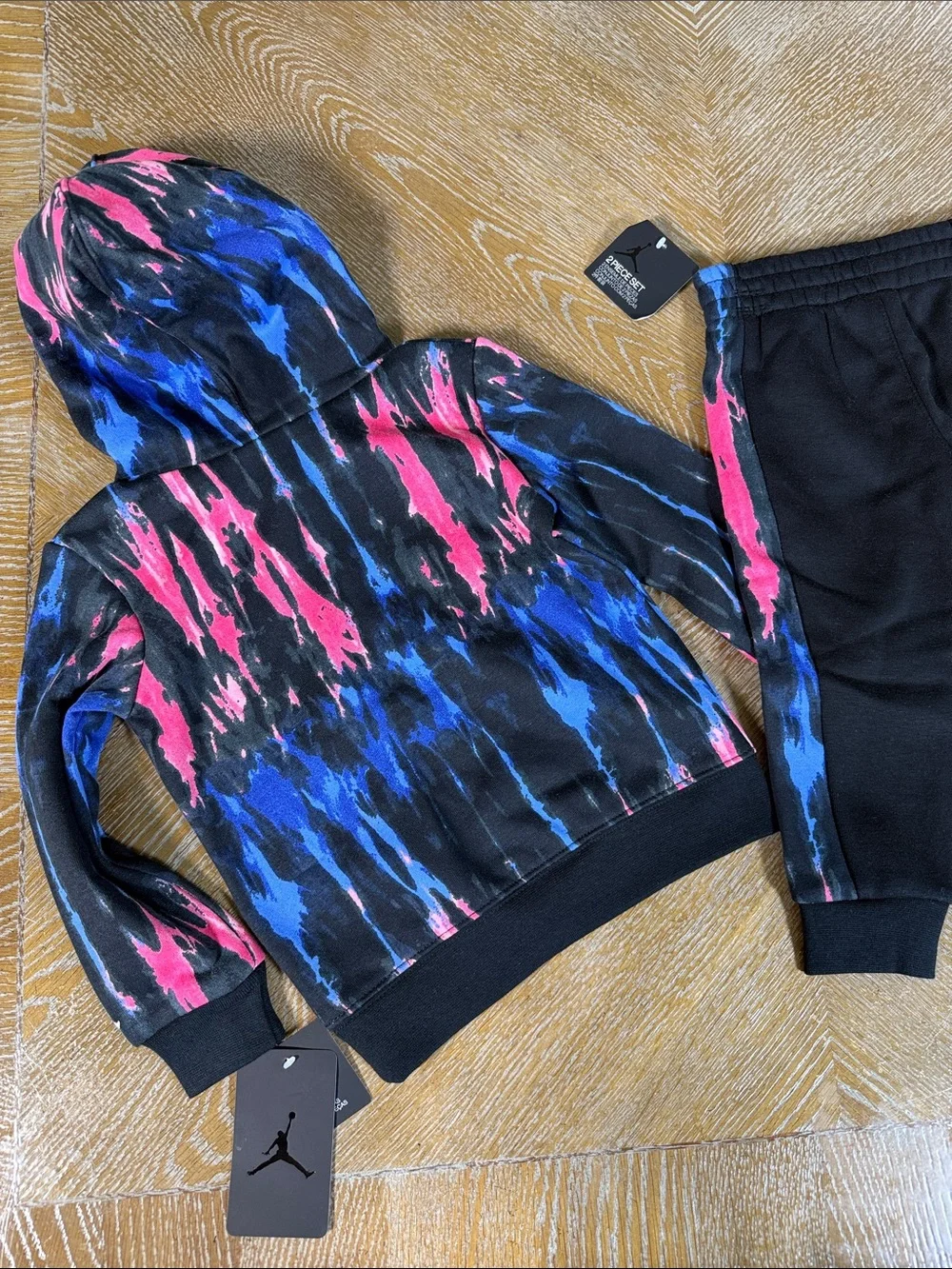 JORDAN Toddler Black Hoodie with Blue & Pink Tie-Dye Logo Jogger Set 3T